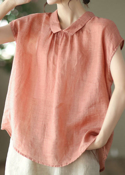 Women Orange Peter Pan Collar Patchwork Linen Blouses Summer LY6251 - fabuloryshop