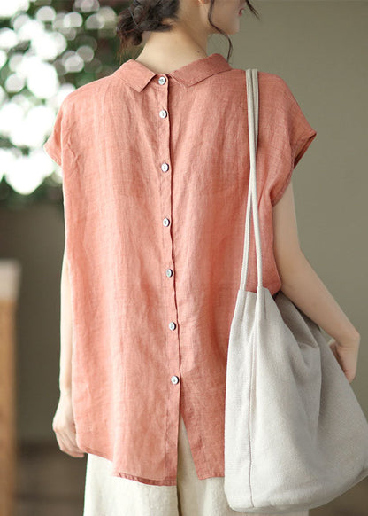 Women Orange Peter Pan Collar Patchwork Linen Blouses Summer LY6251 - fabuloryshop