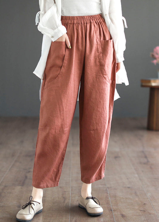 Women Orange Pockets Elastic Waist Patchwork Linen Crop Pants Summer LY5288 - fabuloryshop