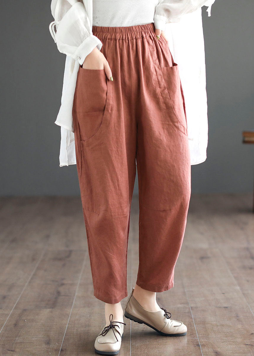 Women Orange Pockets Elastic Waist Patchwork Linen Crop Pants Summer LY5288 - fabuloryshop