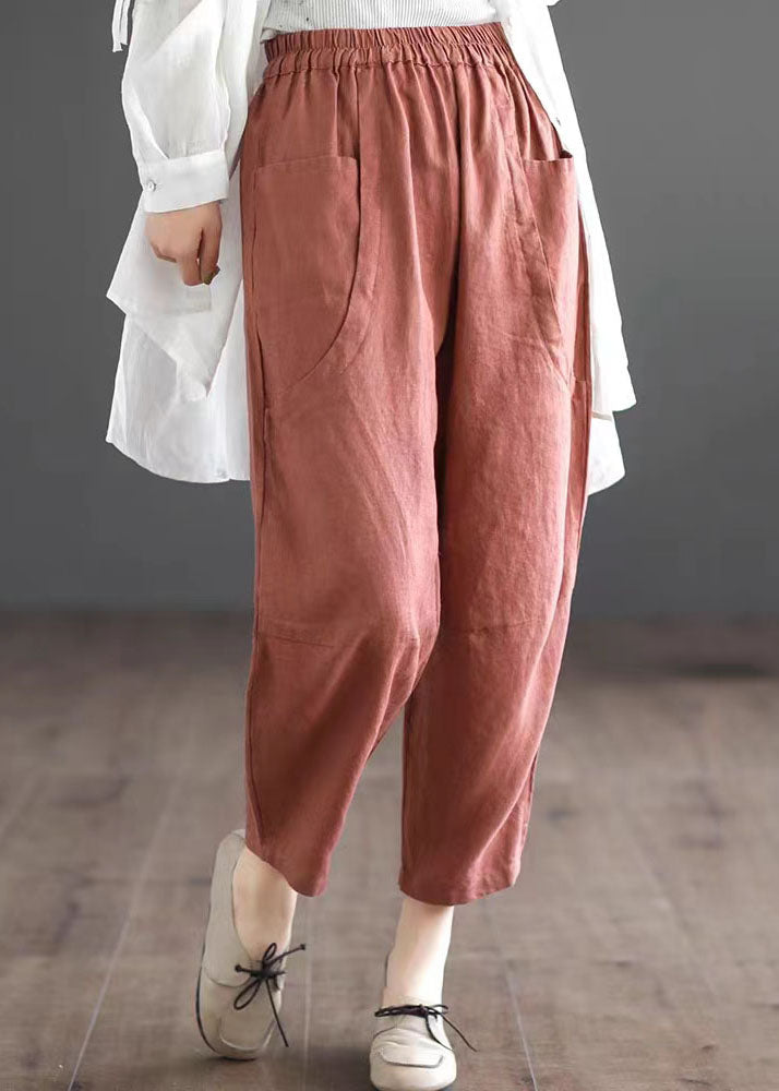 Women Orange Pockets Elastic Waist Patchwork Linen Crop Pants Summer LY5288 - fabuloryshop