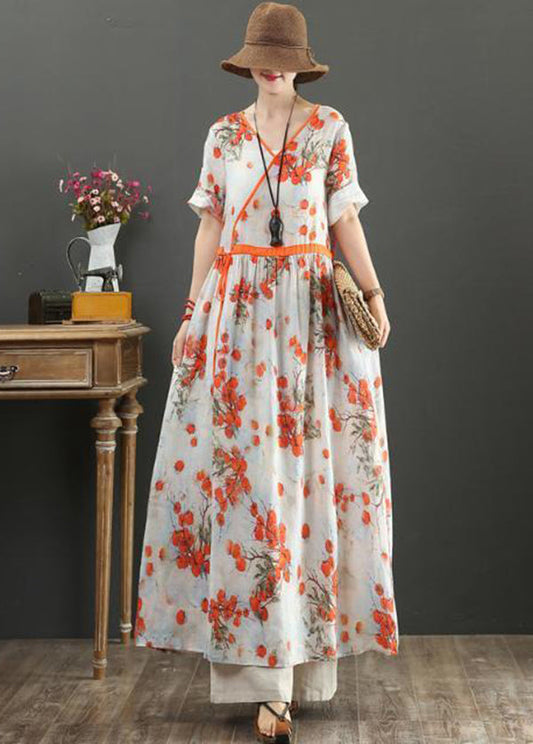 Women Orange Print Tie Waist Exra Large Hem Cotton Dresses Summer LY0898 - fabuloryshop