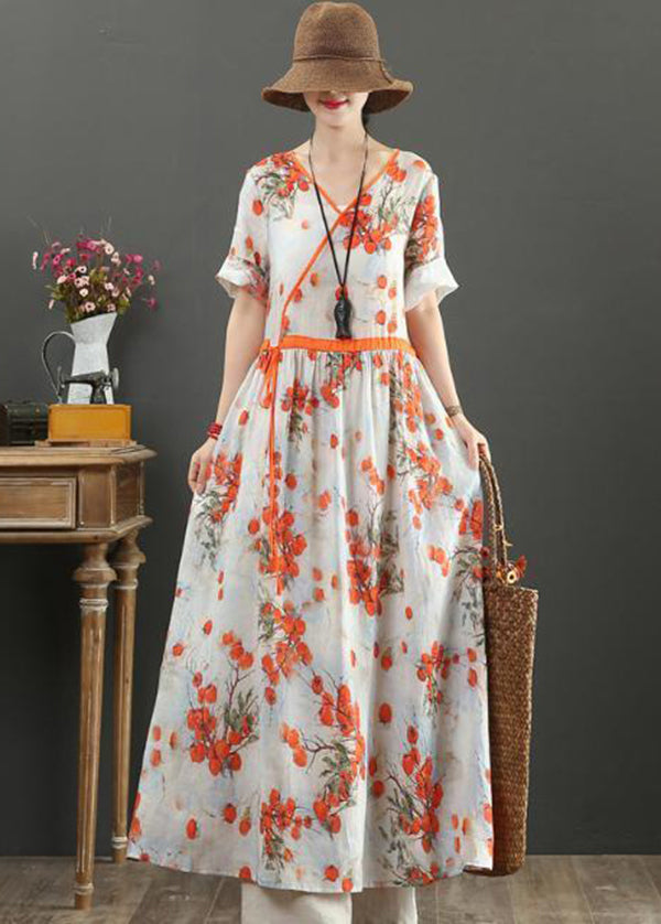 Women Orange Print Tie Waist Exra Large Hem Cotton Dresses Summer LY0898 - fabuloryshop