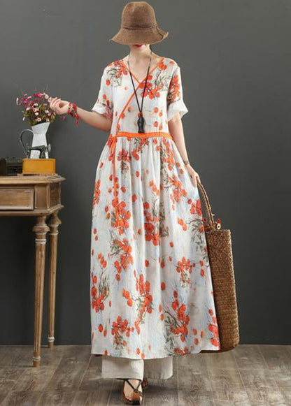 Women Orange Print Tie Waist Exra Large Hem Cotton Dresses Summer LY0898 - fabuloryshop