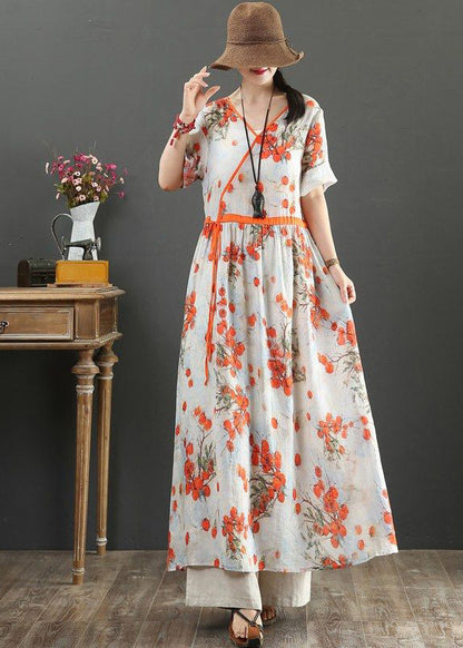 Women Orange Print Tie Waist Exra Large Hem Cotton Dresses Summer LY0898 - fabuloryshop