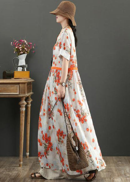 Women Orange Print Tie Waist Exra Large Hem Cotton Dresses Summer LY0898 - fabuloryshop