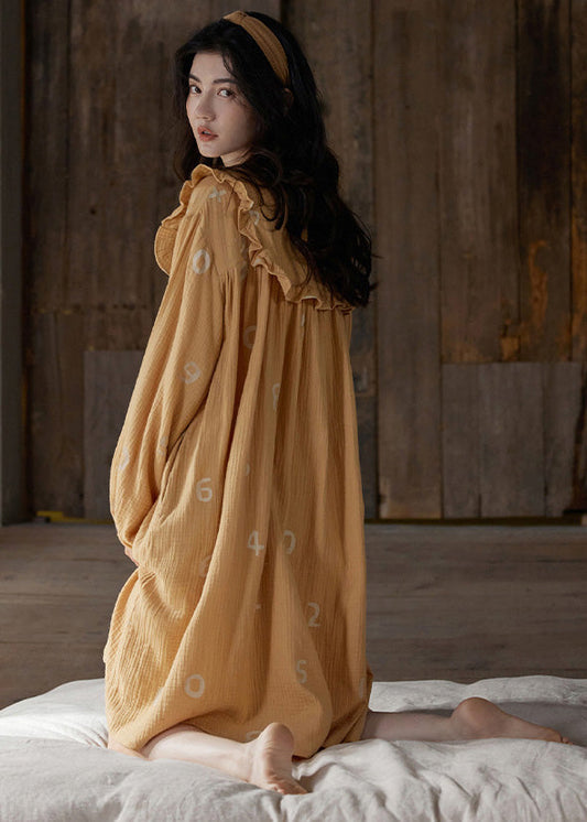 Women Orange Ruffled Print Cozy Cotton Maxi Dress Long Sleeve LY1863 - fabuloryshop