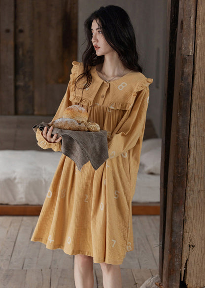 Women Orange Ruffled Print Cozy Cotton Maxi Dress Long Sleeve TO1055 - fabuloryshop