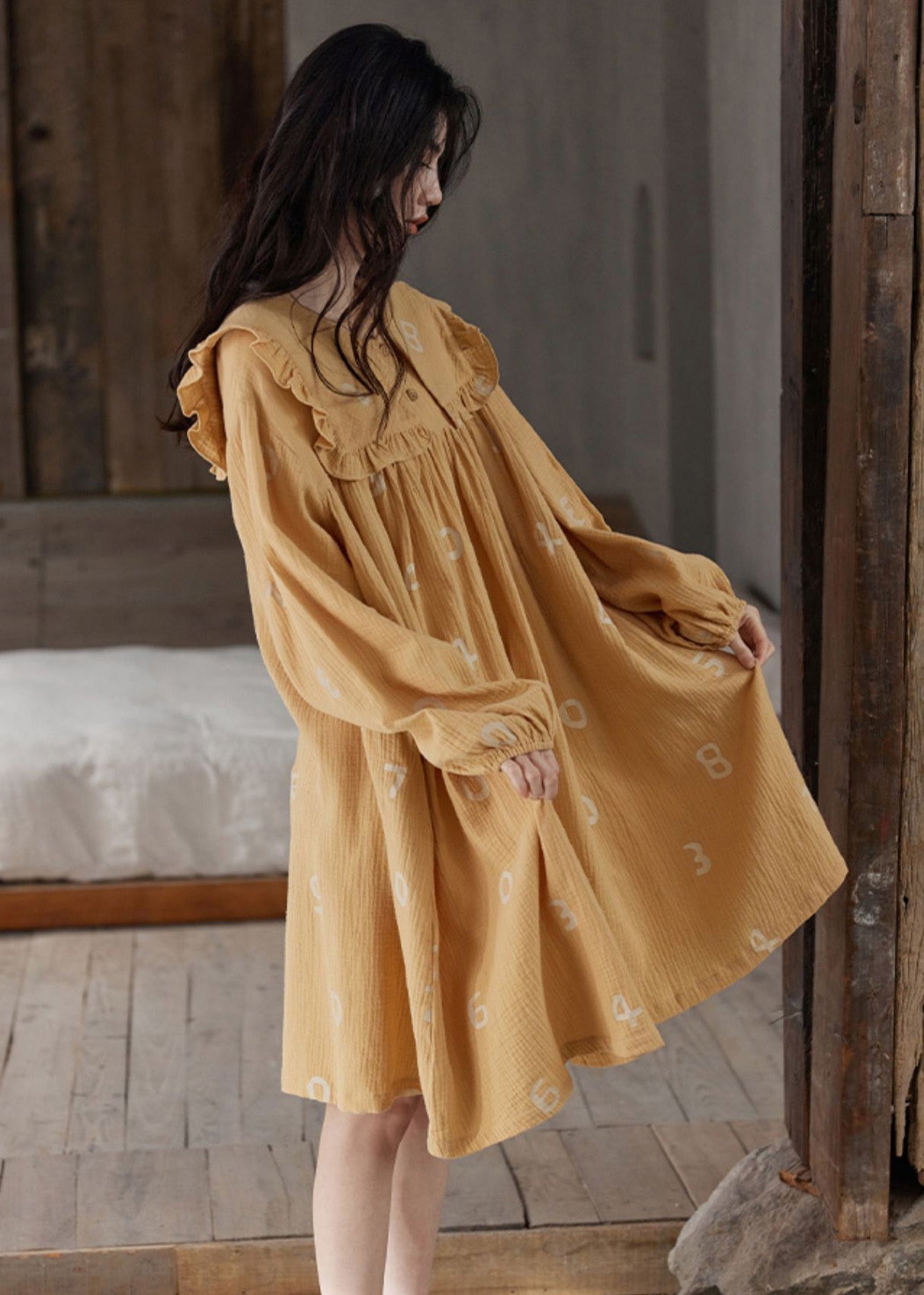 Women Orange Ruffled Print Cozy Cotton Maxi Dress Long Sleeve TO1055