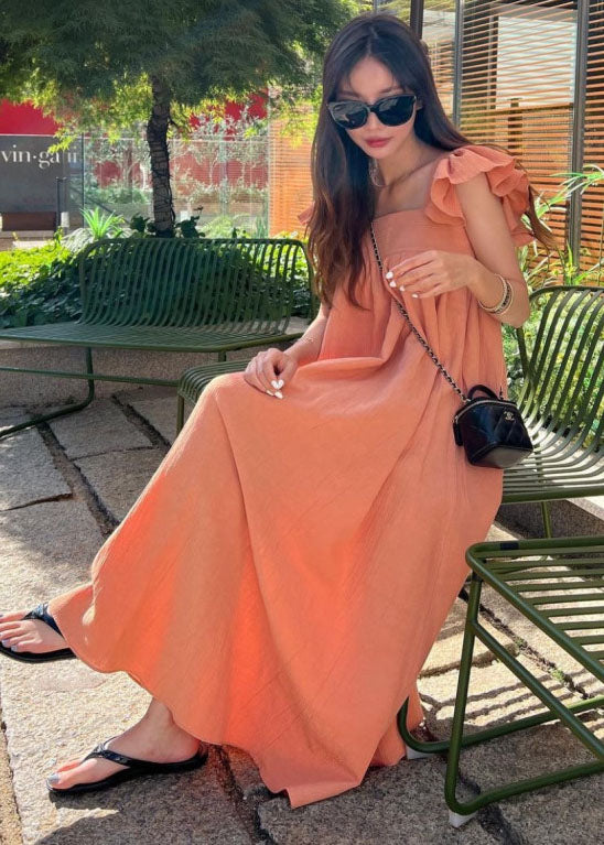 Women Orange Square Collar Oversized Cotton A Line Dresses Butterfly Sleeve LY1339 - fabuloryshop
