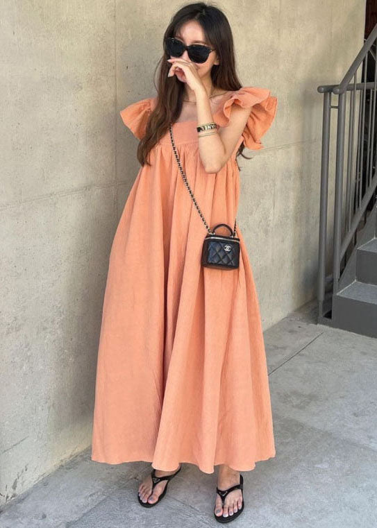 Women Orange Square Collar Oversized Cotton A Line Dresses Butterfly Sleeve LY1339 - fabuloryshop