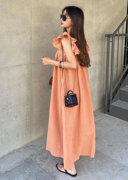 Women Orange Square Collar Oversized Cotton A Line Dresses Butterfly Sleeve LY1339 - fabuloryshop