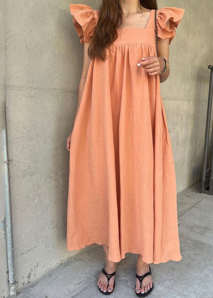 Women Orange Square Collar Oversized Cotton A Line Dresses Butterfly Sleeve LY1339 - fabuloryshop