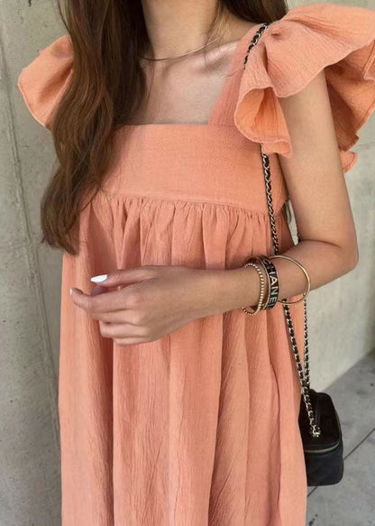 Women Orange Square Collar Oversized Cotton A Line Dresses Butterfly Sleeve LY1339 - fabuloryshop