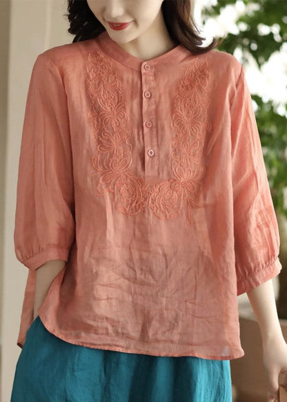 Women Orange Stand Collar Embroideried Floral Shirt Long Sleeve LY4466 - fabuloryshop