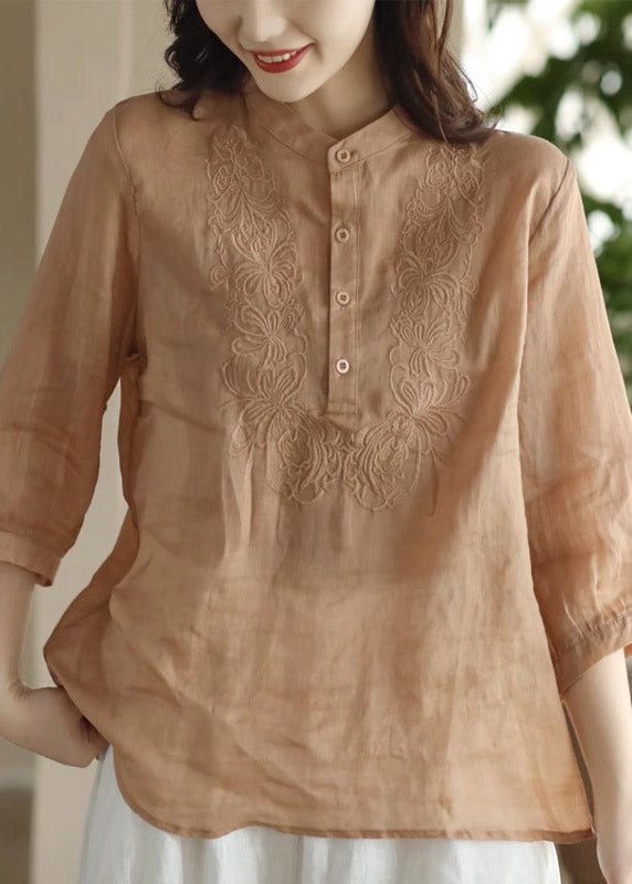 Women Orange Stand Collar Embroideried Floral Shirt Long Sleeve LY4466 - fabuloryshop