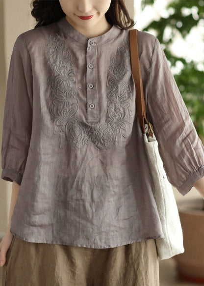 Women Orange Stand Collar Embroideried Floral Shirt Long Sleeve LY4466 - fabuloryshop