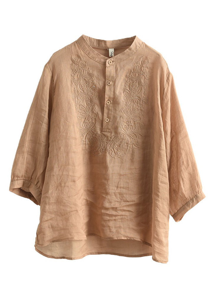 Women Orange Stand Collar Embroideried Floral Shirt Long Sleeve LY4466 - fabuloryshop