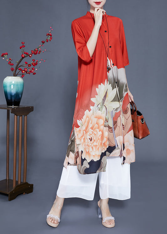 Women Orange Stand Collar Print Side Open Silk Women Sets 2 Pieces Half Sleeve LY0930 - fabuloryshop