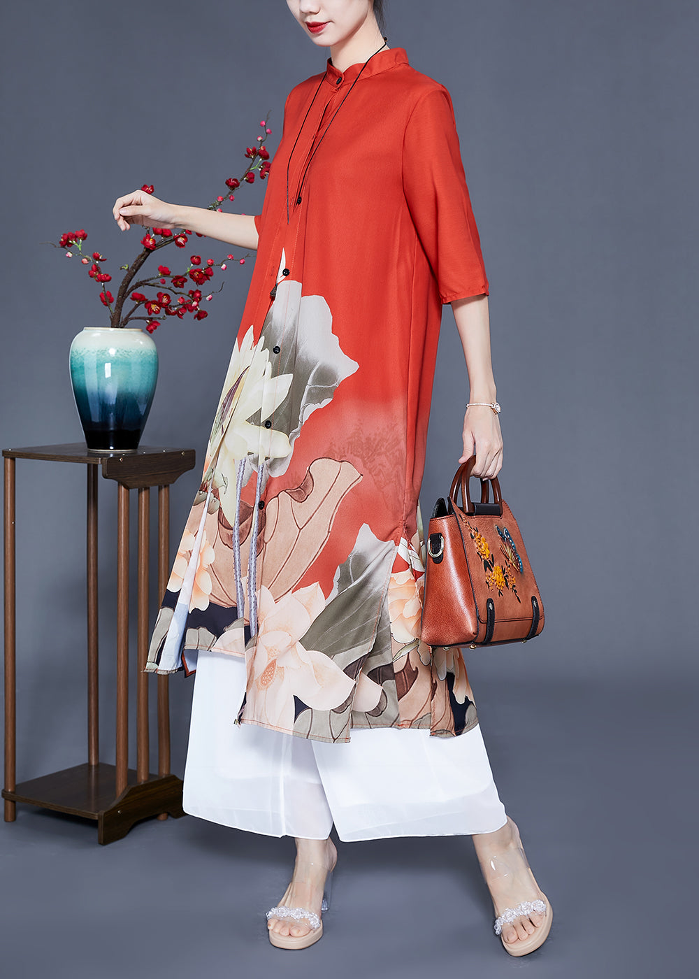 Women Orange Stand Collar Print Side Open Silk Women Sets 2 Pieces Half Sleeve LY0930 - fabuloryshop