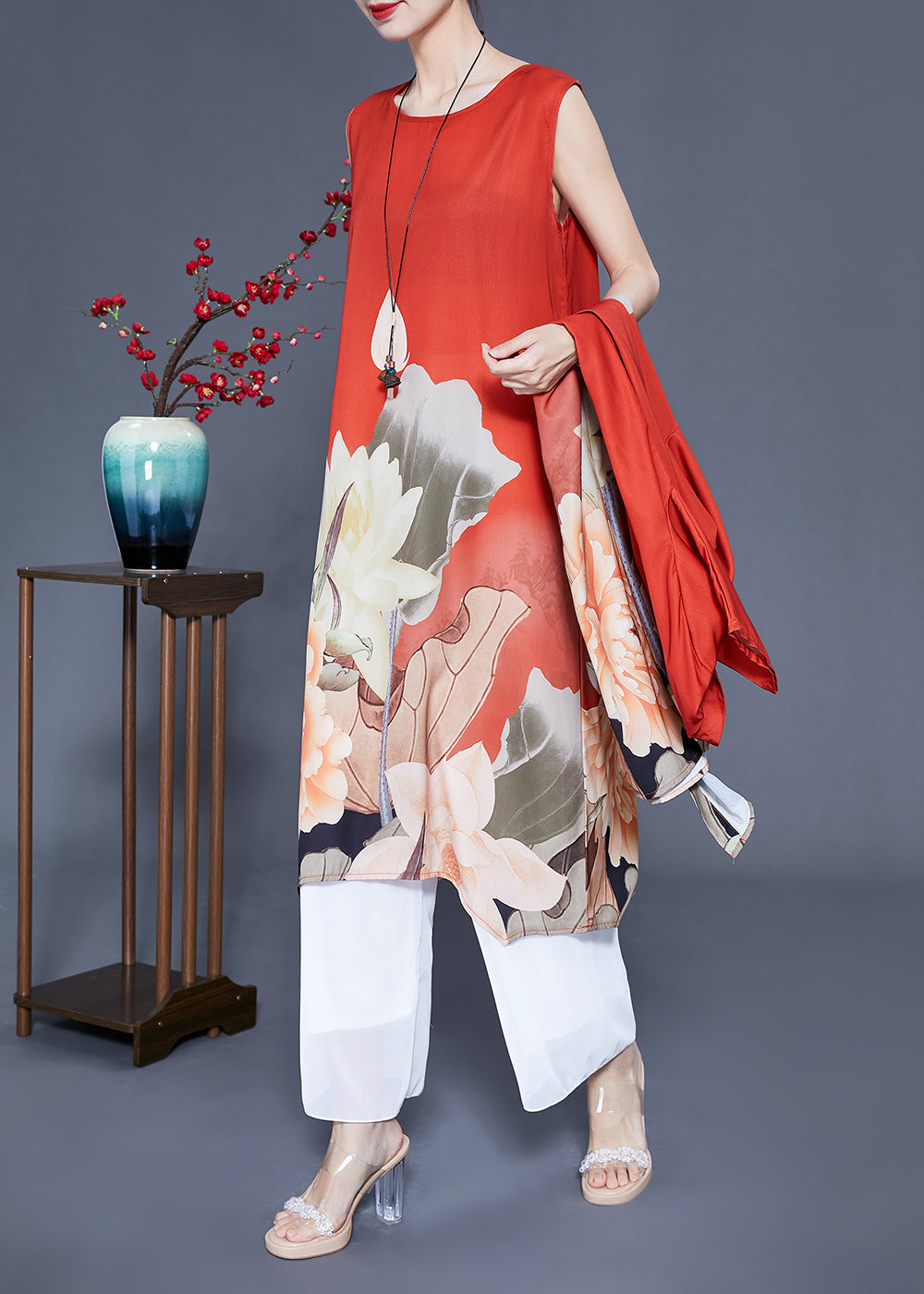 Women Orange Stand Collar Print Side Open Silk Women Sets 2 Pieces Half Sleeve LY0930 - fabuloryshop