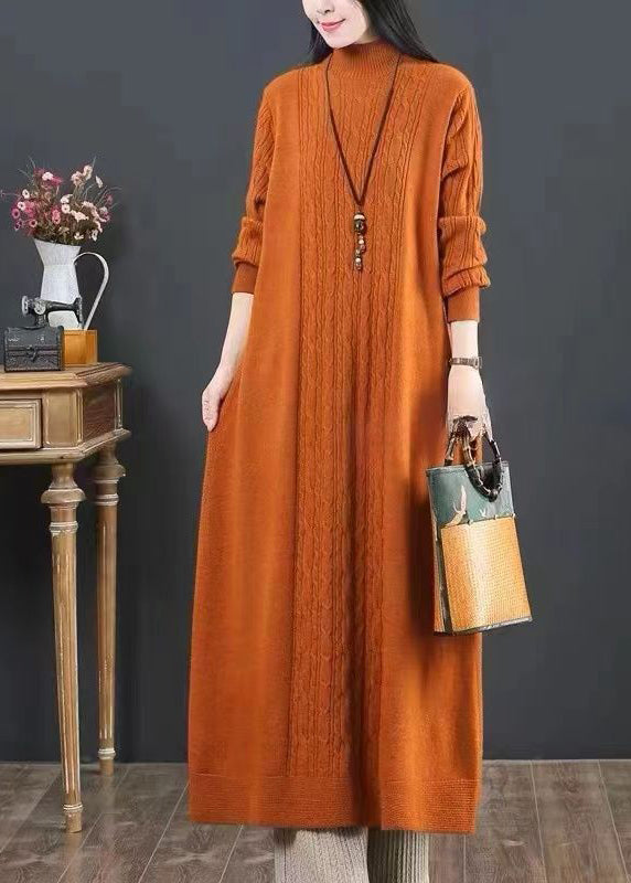 Women Orange Turtleneck Patchwork Knit Dresses Winter Ada Fashion