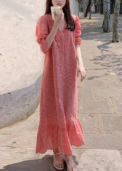 Women Orange V Neck Lace Patchwork Hollow Out Cotton Long Dresses Summer LY2584 - fabuloryshop