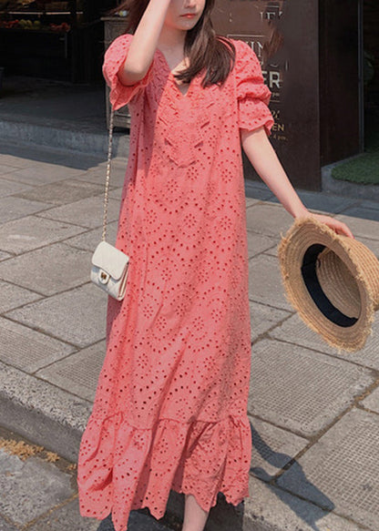 Women Orange V Neck Lace Patchwork Hollow Out Cotton Long Dresses Summer LY2584 - fabuloryshop