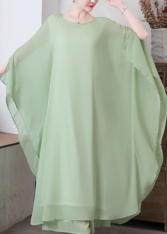 Women Pea Green Asymmetrical Solid Chiffon Long Dress And Wide Leg Pants Two Pieces Set Spring LY1736 - fabuloryshop