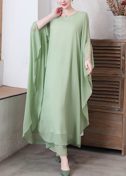 Women Pea Green Asymmetrical Solid Chiffon Long Dress And Wide Leg Pants Two Pieces Set Spring LY1736 - fabuloryshop