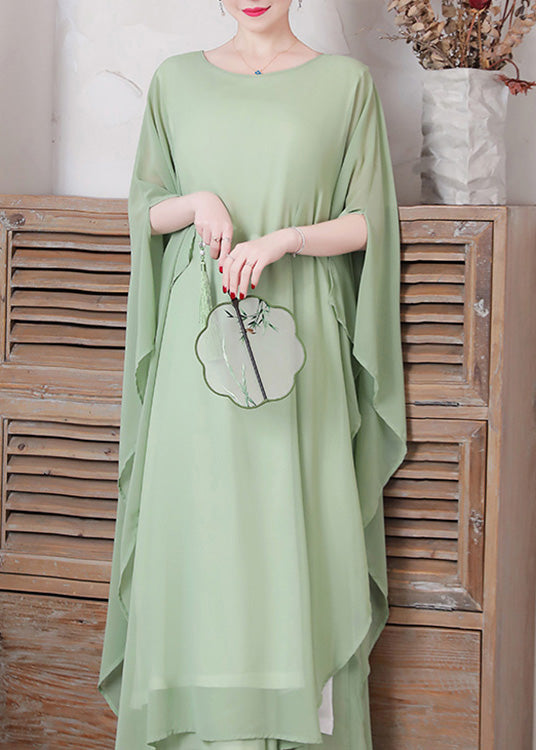 Women Pea Green Asymmetrical Solid Chiffon Long Dress And Wide Leg Pants Two Pieces Set Spring LY1736 - fabuloryshop