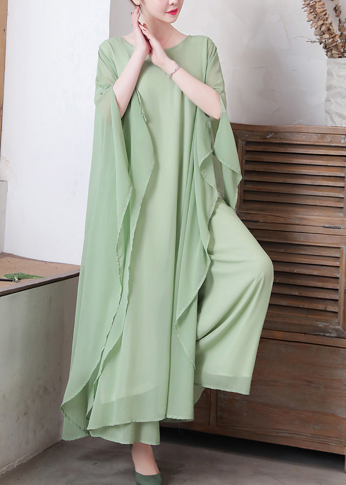 Women Pea Green Asymmetrical Solid Chiffon Long Dress And Wide Leg Pants Two Pieces Set Spring LY1736 - fabuloryshop