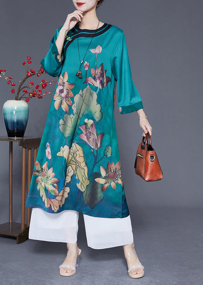 Women Peacock Blue Print Side Open Silk Holiday Dress Bracelet Sleeve LY1778 - fabuloryshop