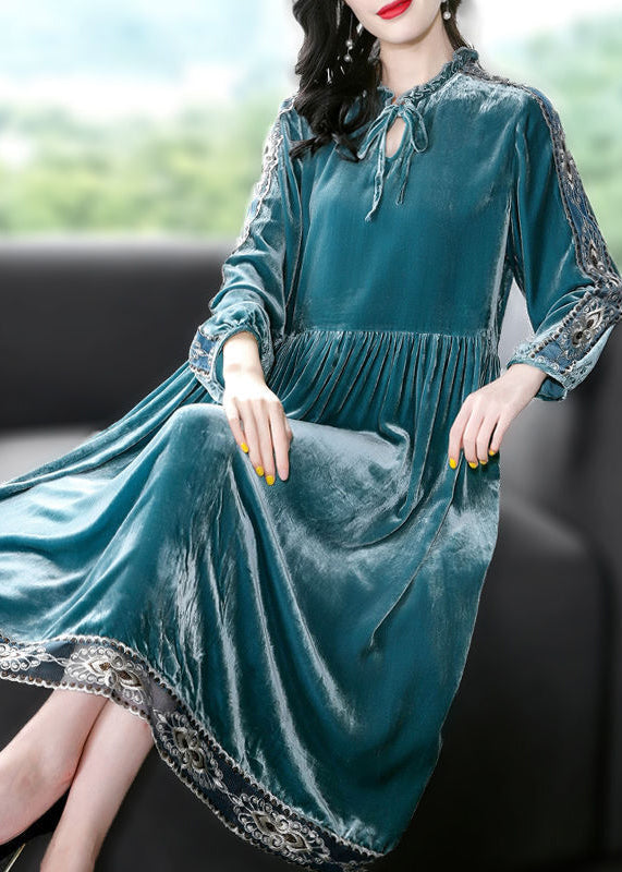 Women Peacock Blue Ruffled Embroideried Patchwork Silk Velour Dress AC3052 - fabuloryshop