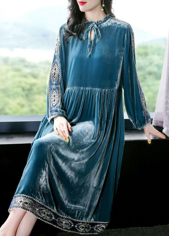 Women Peacock Blue Ruffled Embroideried Patchwork Silk Velour Dress Spring LY0679