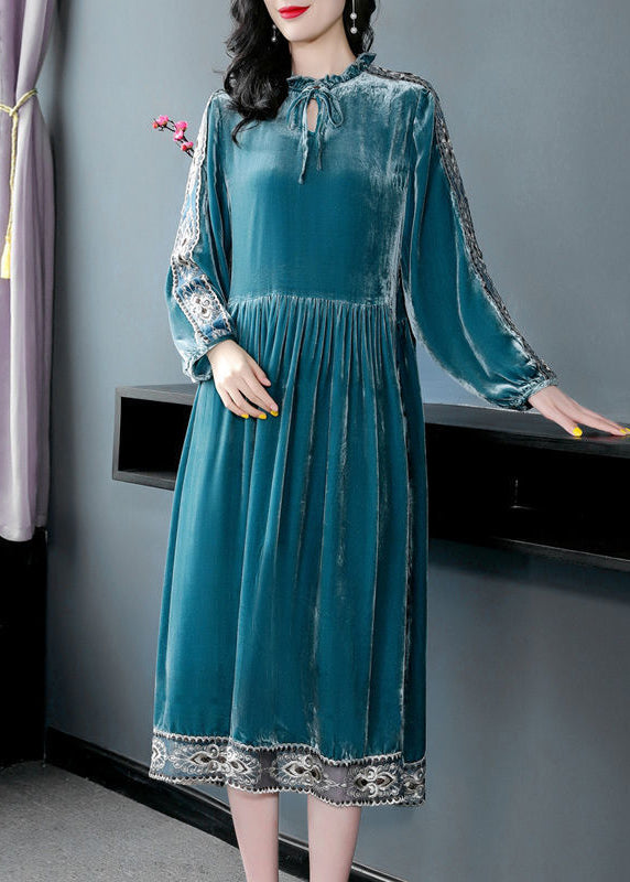 Women Peacock Blue Ruffled Embroideried Patchwork Silk Velour Dress Spring LY0679