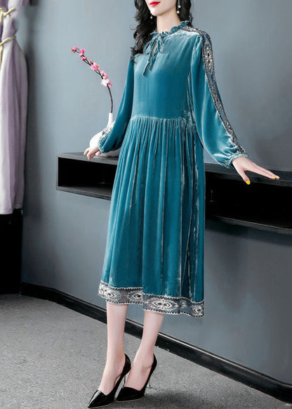 Women Peacock Blue Ruffled Embroideried Patchwork Silk Velour Dress Spring LY0679 - fabuloryshop