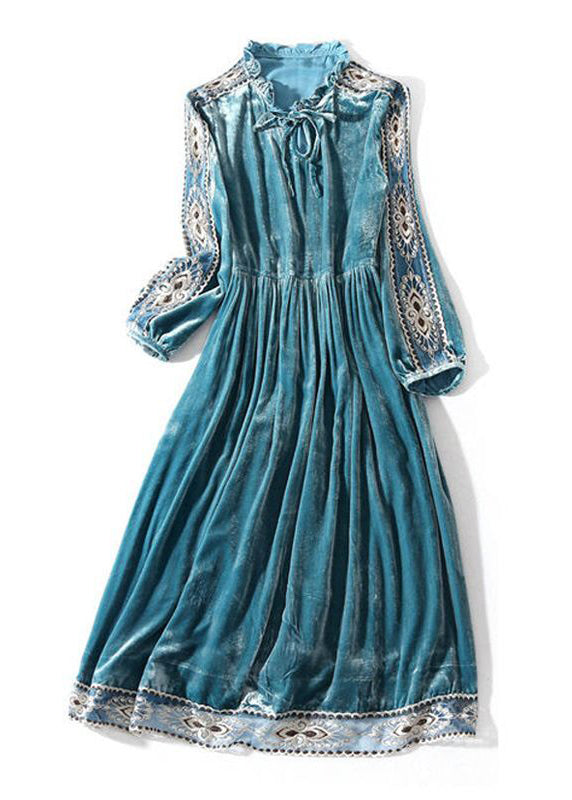 Women Peacock Blue Ruffled Embroideried Patchwork Silk Velour Dress AC3052