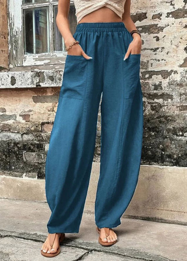 Women Peacock Blue Solid Casual Ice Silk Long Trousers LY3909 - fabuloryshop