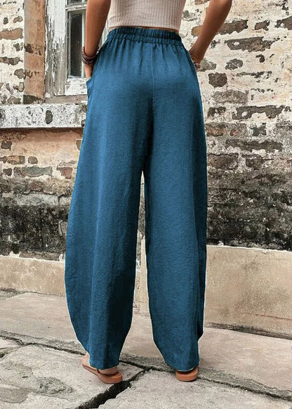 Women Peacock Blue Solid Casual Ice Silk Long Trousers LY3909 - fabuloryshop