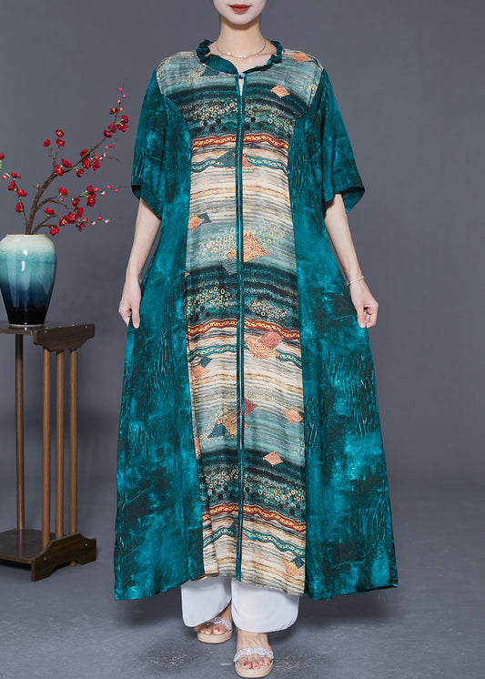 Women Peacock Green Ruffled Patchwork Print Silk Dresses Summer LY5575 - fabuloryshop
