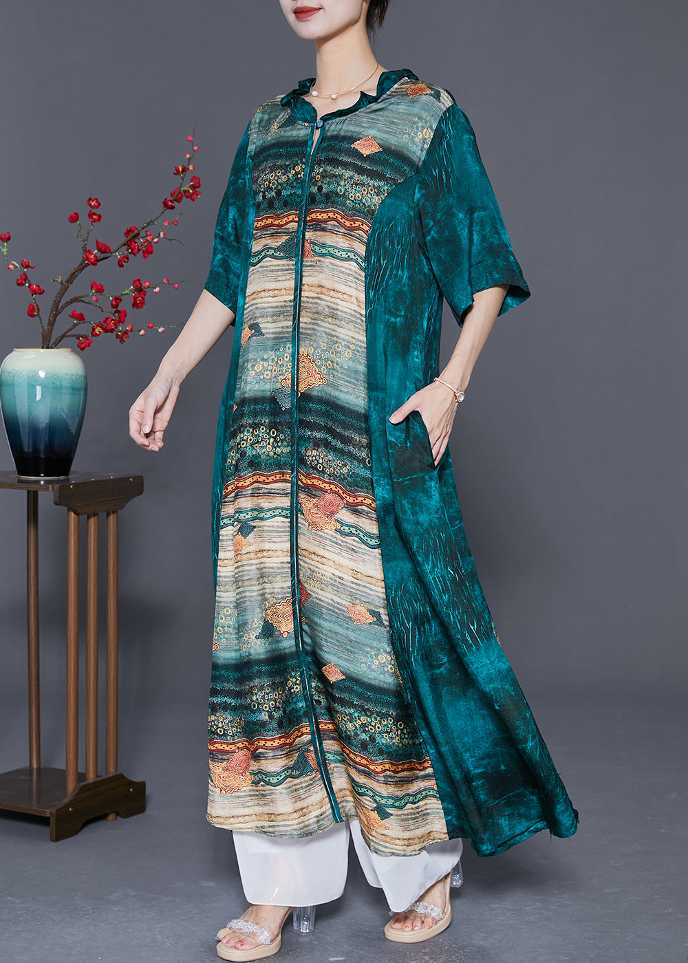 Women Peacock Green Ruffled Patchwork Print Silk Dresses Summer LY5575 - fabuloryshop