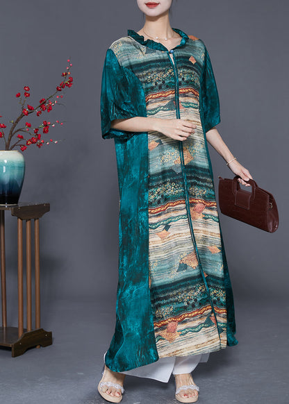 Women Peacock Green Ruffled Patchwork Print Silk Dresses Summer LY5575 - fabuloryshop