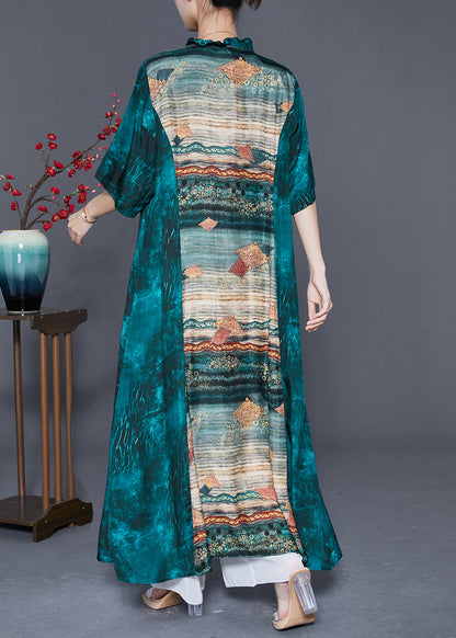 Women Peacock Green Ruffled Patchwork Print Silk Dresses Summer LY5575 - fabuloryshop