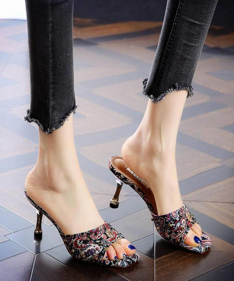 Women Peep Toe Stiletto Green Zircon High Heel Slippers LC0177 - fabuloryshop