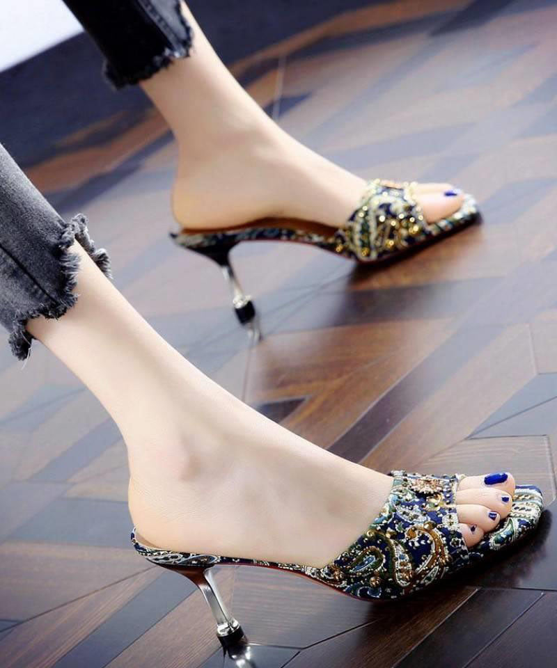Women Peep Toe Stiletto Green Zircon High Heel Slippers LC0177 - fabuloryshop