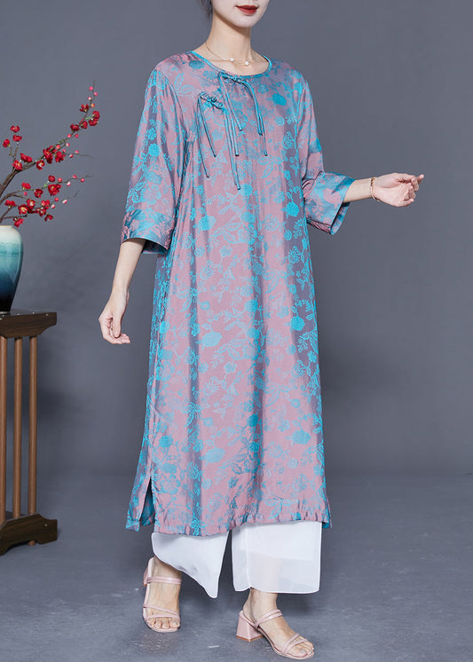 Women Pink Blue Jacquard Tassel Chinese Button Silk Vacation Dresses Bracelet Sleeve LY5417 - fabuloryshop