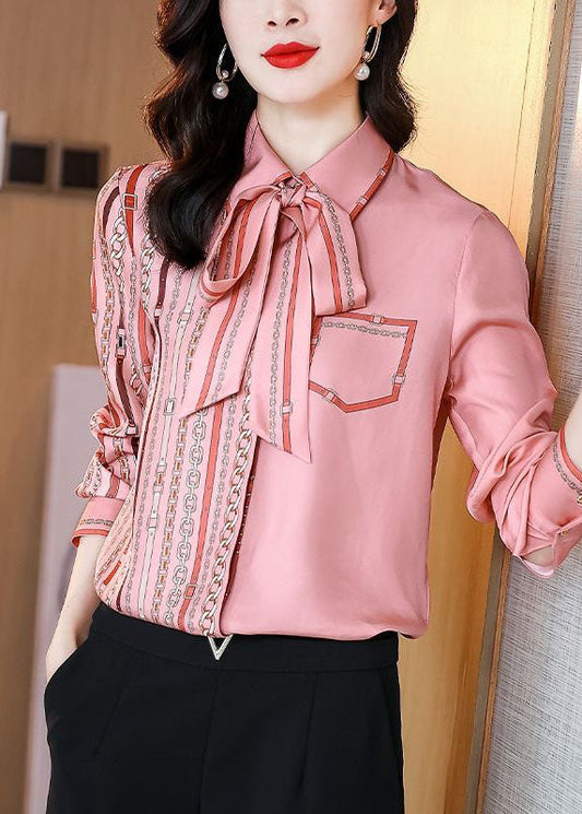 Women Pink Bow Tie Print Patchwork Silk Shirts Top Spring LY0079 - fabuloryshop