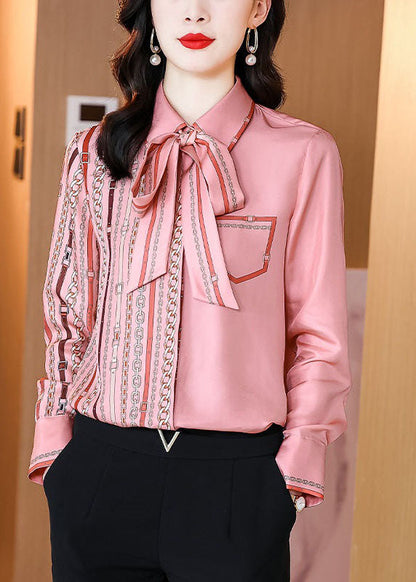 Women Pink Bow Tie Print Patchwork Silk Shirts Top Spring LY0079 - fabuloryshop