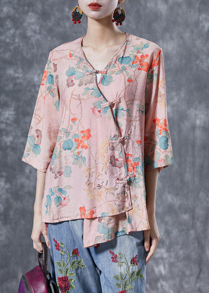 Women Pink Chinese Button Print Linen Shirts Bracelet Sleeve LY4025 - fabuloryshop